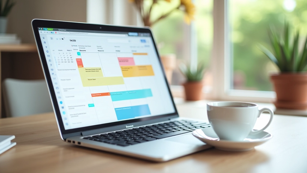 Digitale kalender op laptopscherm met kleurgecodeerde afspraken en blokken