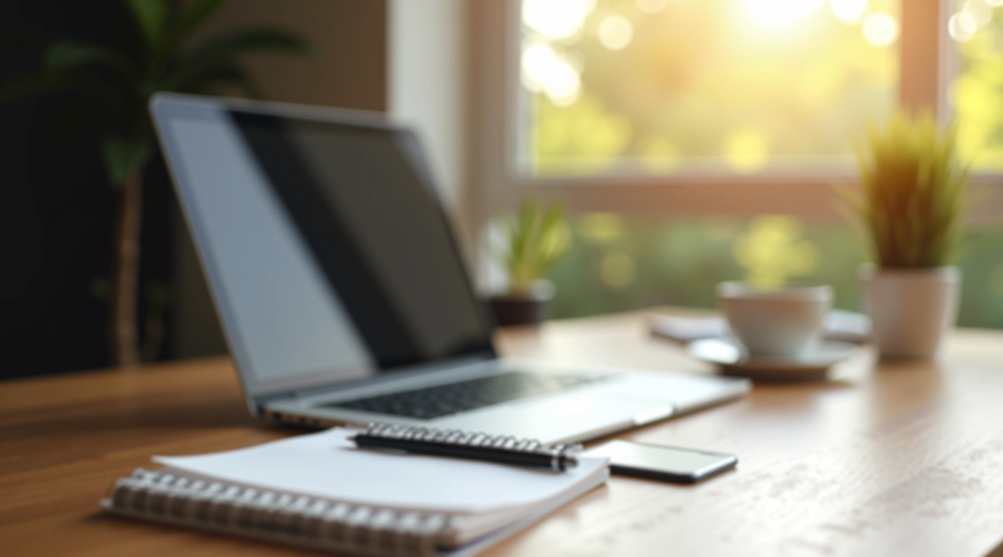 Moderne werkplek met laptop, notitieboek en koffiekopje, natuurlijk licht van raam, productieve omgeving