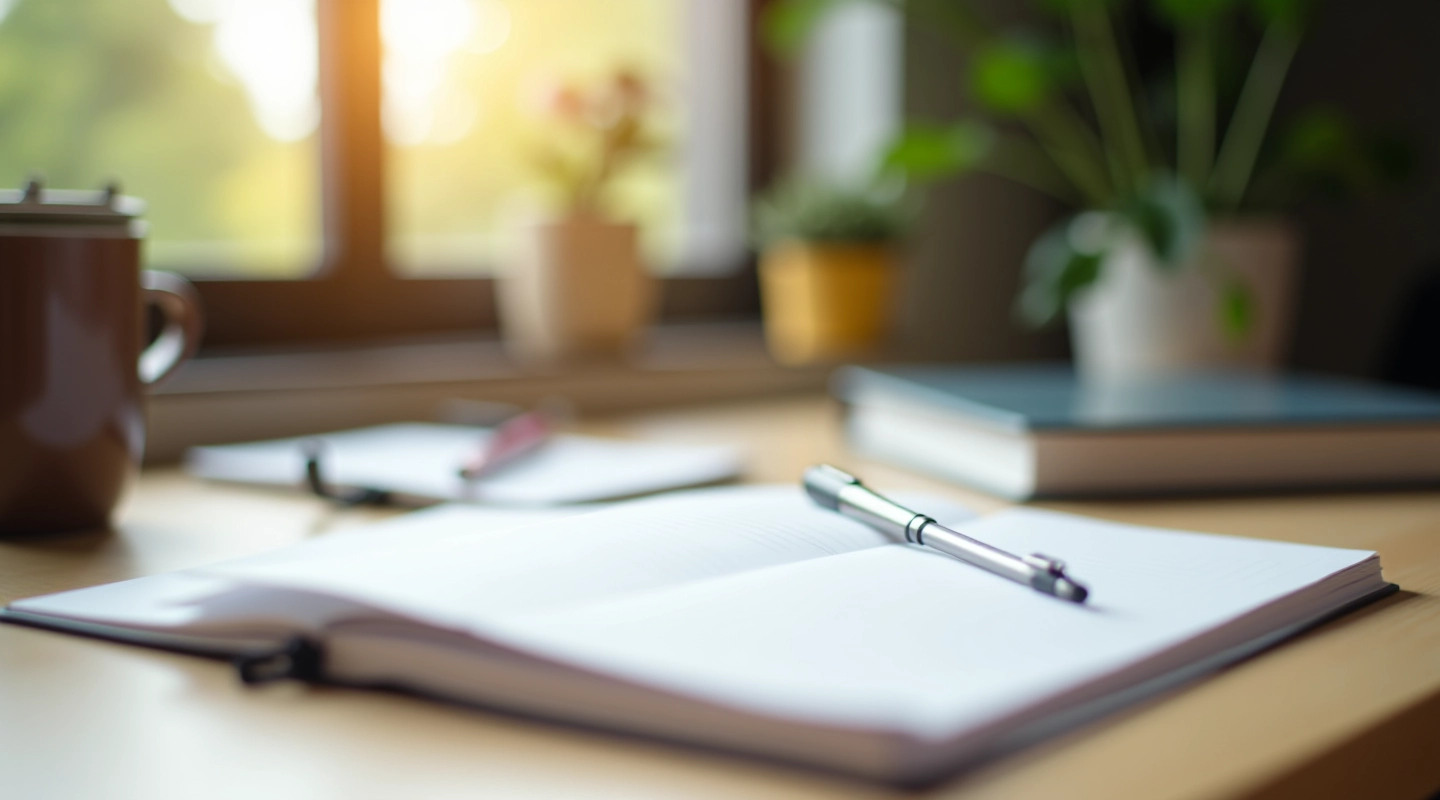 Bureauorganisatie met notitieboekje, pen en kopje koffie op houten tafel