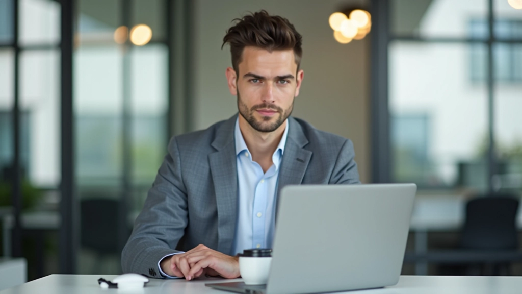 Person in werk-outfit zit aan bureau met kopje koffie en laptop, gefocuste blik