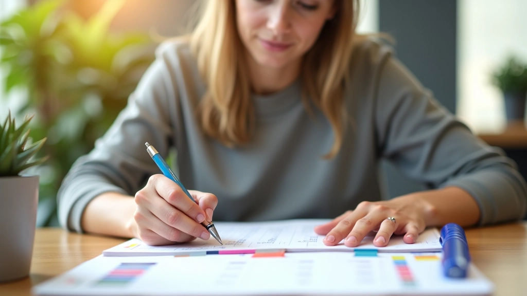 Persoon schrijft taken op in kleurrijke agenda met verschillende gekleurde markeerstiften