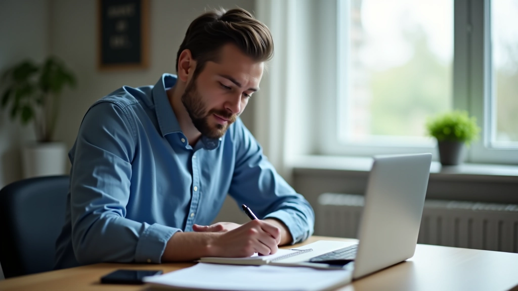Persoon zittend aan bureau met notitieboekje, pen en laptop, concentreren op takenlijst
