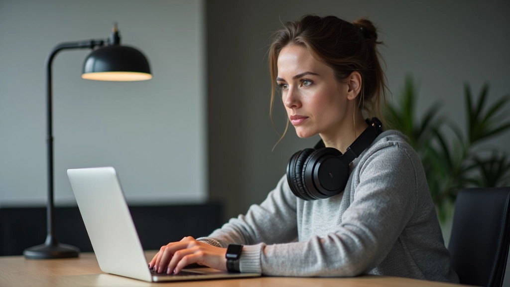 Person met koptelefoon zit gefocust achter laptop met timer zichtbaar op het scherm